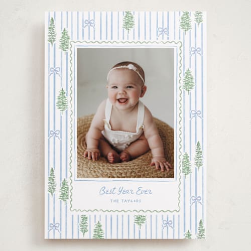 This is a blue jay holiday photo cards with standard by Creo Study called trees and bows printing on recycled smooth signature in grand
