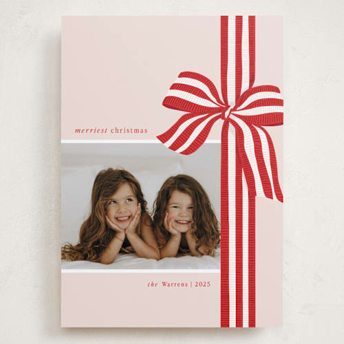 This is a poinsettia holiday photo cards with standard by Angela Marzuki called ribbon wrapped printing on recycled smooth signature in grand