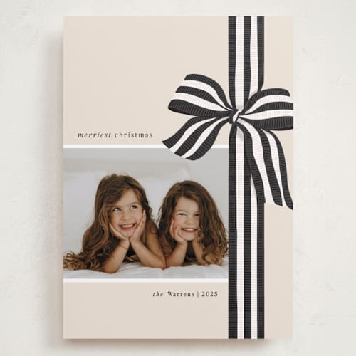 This is a charcoal holiday photo cards with standard by Angela Marzuki called ribbon wrapped printing on recycled smooth signature in grand