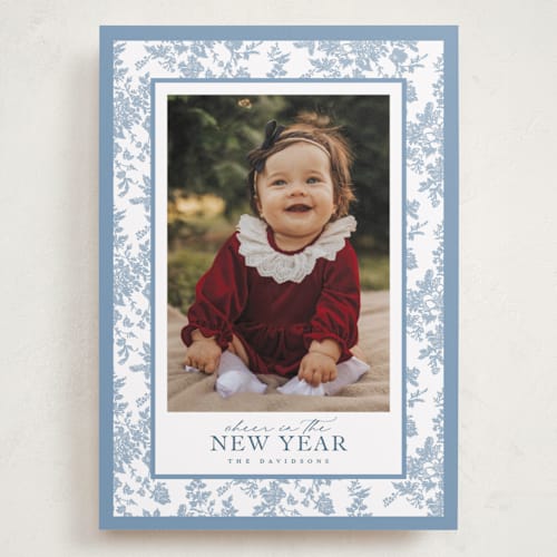 This is a powder holiday photo cards with standard by Jenna Holcomb called merry floral toile printing on recycled smooth signature in grand