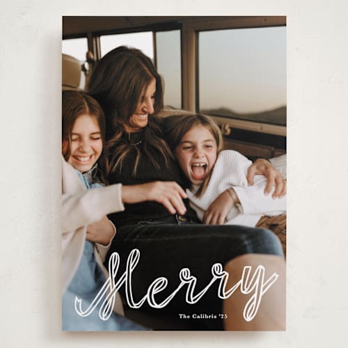 This is a snow holiday photo cards with standard by Lori Wemple called a merry ribbon printing on recycled smooth signature in grand