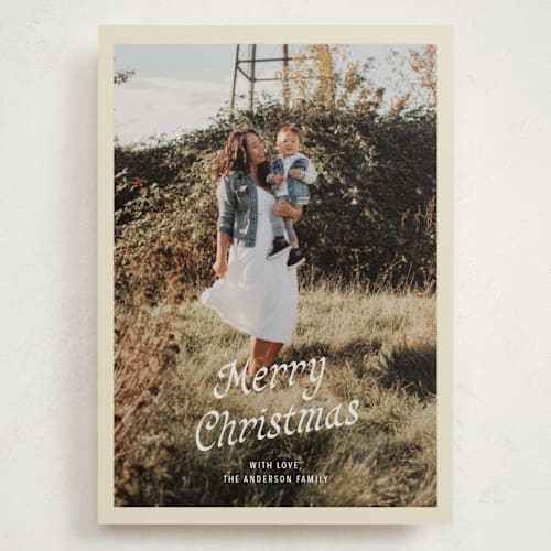 This is a vanilla cream holiday photo cards with standard by Cass Loh called cover printing on recycled smooth signature in grand