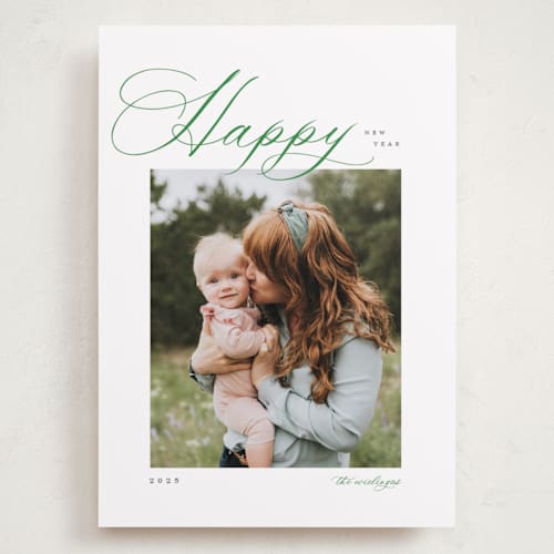 This is a pine holiday photo cards with standard by Pixel and Hank called fancy joy printing on recycled smooth signature in grand