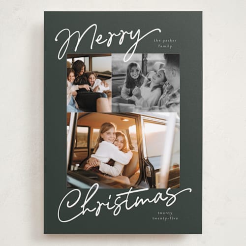 This is a evergreen holiday photo cards with standard by Pixel and Hank called scripted trio printing on recycled smooth signature in grand
