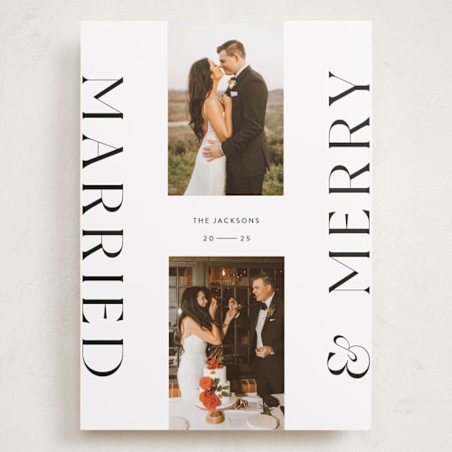 This is a snowflake holiday photo cards with standard by Laura Bercovich called merrily married printing on recycled smooth signature in grand