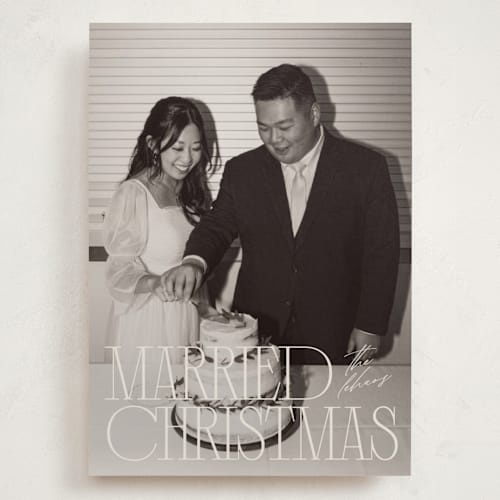 This is a champagne holiday photo cards with standard by Ellen Schlegelmilch called serif married christmas printing on recycled smooth signature in grand