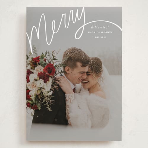 This is a wedding cake holiday photo cards with standard by Becky Nimoy called merry hand lettered script printing on recycled smooth signature in grand