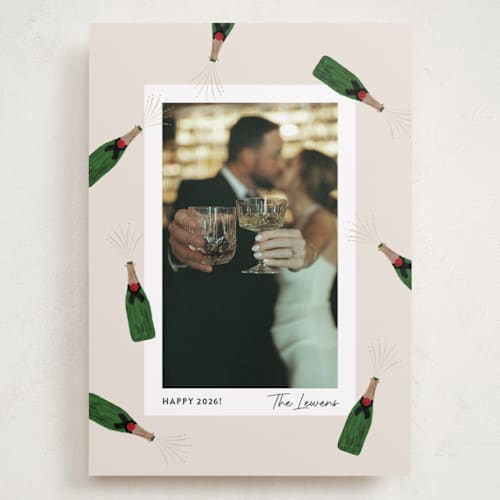 This is a eggnog holiday photo cards with standard by Shari Margolin called popping bottles printing on recycled smooth signature in grand