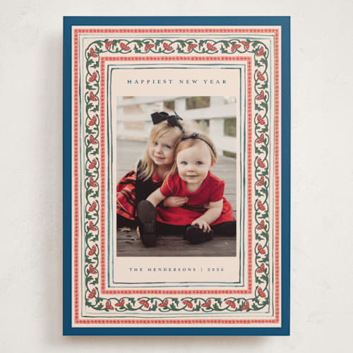 This is a blue jay holiday photo cards with standard by Teju Reval called festive block print printing on recycled smooth signature in grand