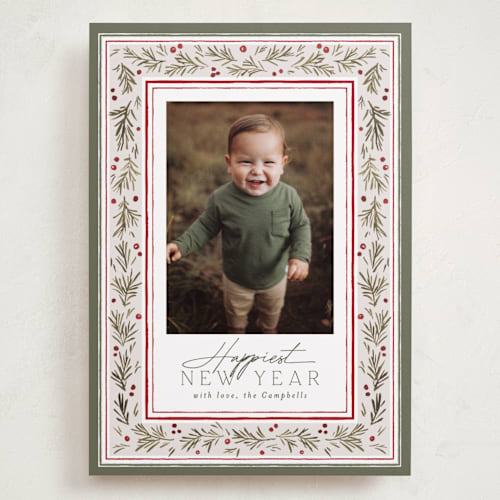 This is a wreath holiday photo cards with standard by Everett Paper Goods called pine frame printing on recycled smooth signature in grand