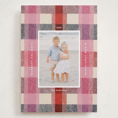 This is a cranberry holiday photo cards with standard by Carrie Moradi called cozy checked plaid printing on recycled smooth signature in grand