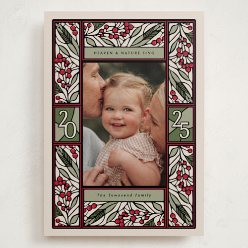 This is a garland holiday photo cards with standard by Thomas Ward called teaberry stained glass printing on recycled smooth signature in grand