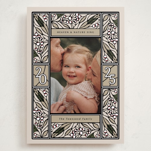 This is a eggnog holiday photo cards with standard by Thomas Ward called teaberry stained glass printing on recycled smooth signature in grand