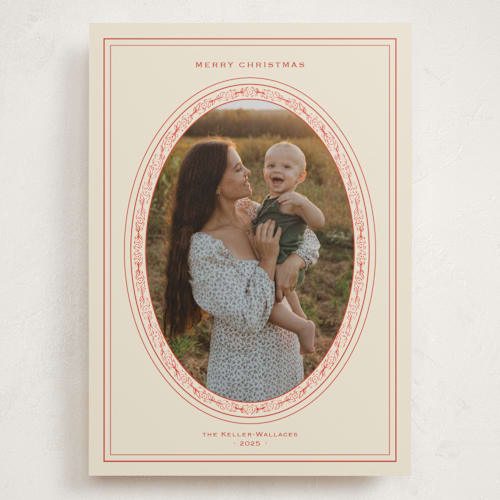 This is a cream holiday photo cards with standard by Claire called classic oval frame printing on recycled smooth signature in grand
