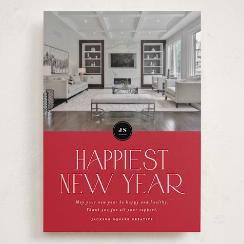 This is a cranberry holiday photo cards with standard by Stephanie Hawkes called happiest holidays printing on recycled smooth signature in grand