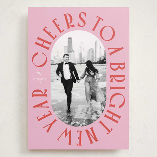 This is a peppermint holiday photo cards with standard by Erin German called cheers to a bright new year printing on recycled smooth signature in grand