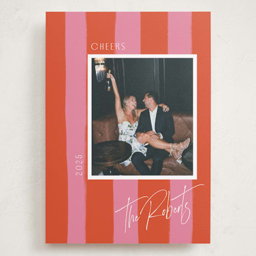This is a blood orange holiday photo cards with standard by Cindy Reynolds called painted stripes printing on recycled smooth signature in grand