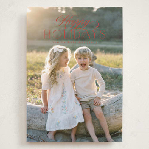 This is a santa suit holiday photo cards with standard by Deynaaz Daraei called ashby printing on recycled smooth signature in grand