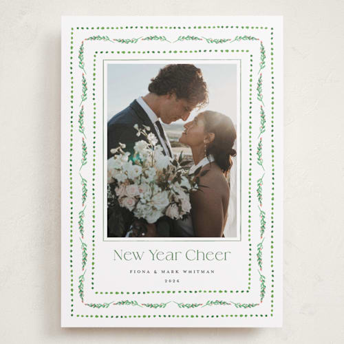 This is a elf shoes holiday photo cards with standard by Erika Firm called nostalgic ribbon border printing on recycled smooth signature in grand