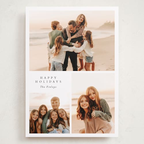 This is a snowflake holiday photo cards with standard by Angela Thompson called happy trio printing on recycled smooth signature in grand