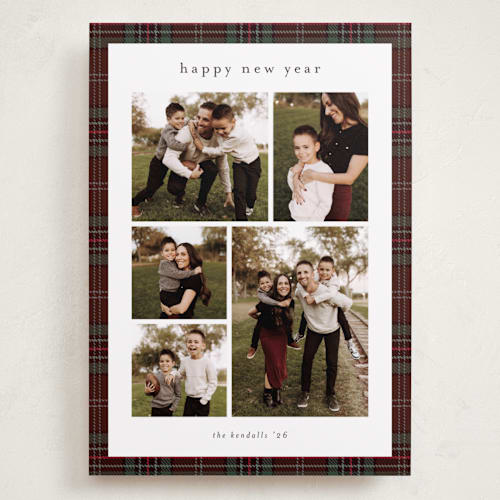 This is a burgundy holiday photo cards with standard by Stacey Meacham called plaid collage printing on recycled smooth signature in grand