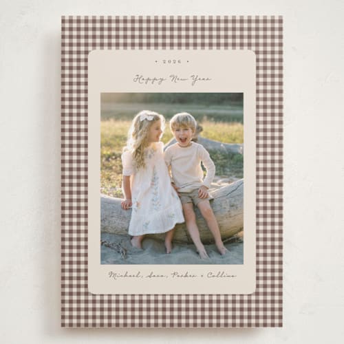 This is a gingerbread latte holiday photo cards with standard by Emily Betts called gingham vintage printing on recycled smooth signature in grand