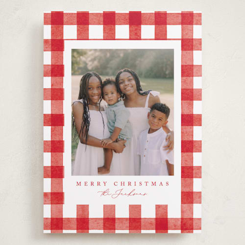 This is a santa suit holiday photo cards with standard by Brooke Chandler called merry gingham printing on recycled smooth signature in grand