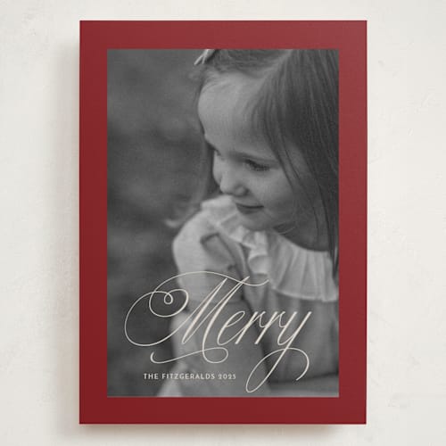 This is a garnet holiday photo cards with standard by Karen Kaul called boldly merry printing on recycled smooth signature in grand