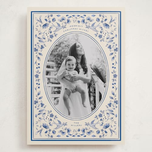 This is a porcelain holiday photo cards with standard by Sabrin Deirani called peaceful blooms in blue printing on recycled smooth signature in grand