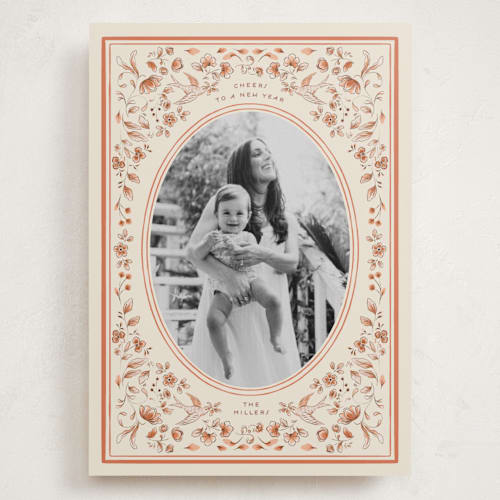 This is a apricot holiday photo cards with standard by Sabrin Deirani called peaceful blooms in blue printing on recycled smooth signature in grand