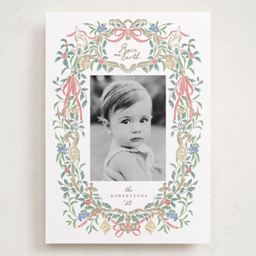 This is a cherry wood holiday photo cards with standard by Grae called a court of peace printing on recycled smooth signature in grand