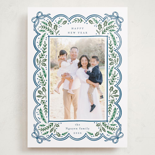 This is a navy holiday photo cards with standard by Alethea and Ruth called bow corners printing on recycled smooth signature in grand
