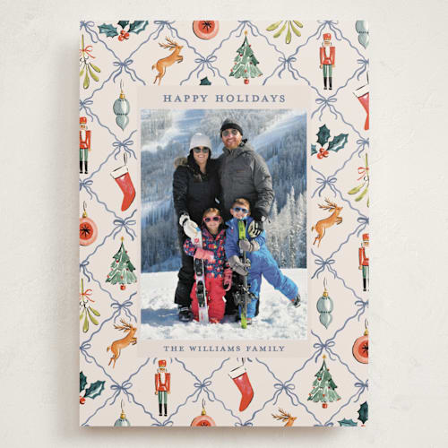 This is a blue spruce holiday photo cards with standard by Sarah Knight called festive icons printing on recycled smooth signature in grand