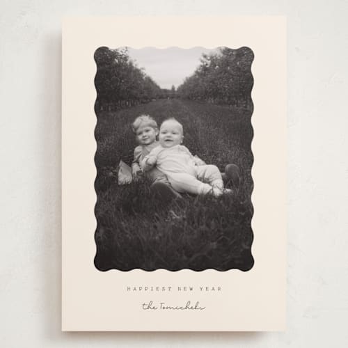 This is a chardonnay holiday photo cards with standard by Sara Hicks Malone called nostalgic blessings printing on recycled smooth signature in grand
