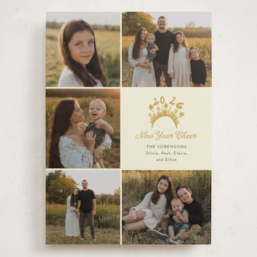 This is a golden holiday photo cards with standard by Erika Firm called new year headband printing on recycled smooth signature in grand