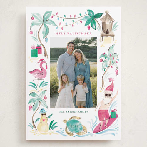 This is a guava holiday photo cards with standard by Sarah Knight called merry luau printing on recycled smooth signature in grand