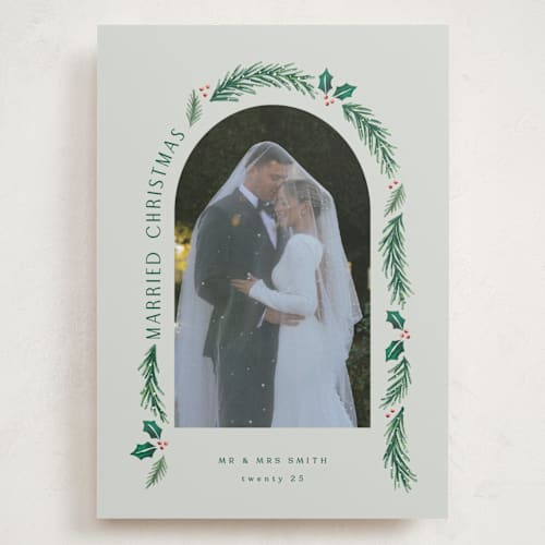 This is a sage holiday photo cards with standard by Hooray Creative called a married christmas printing on recycled smooth signature in grand