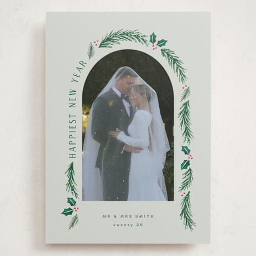 This is a sage holiday photo cards with standard by Hooray Creative called a married christmas printing on recycled smooth signature in grand