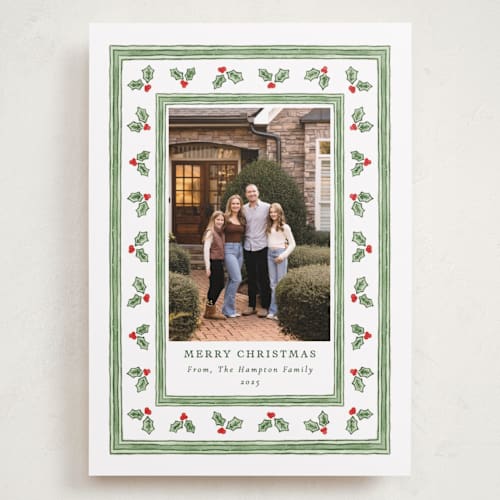 This is a snow holiday photo cards with standard by Lauren Jopling called holly berry frame printing on recycled smooth signature in grand