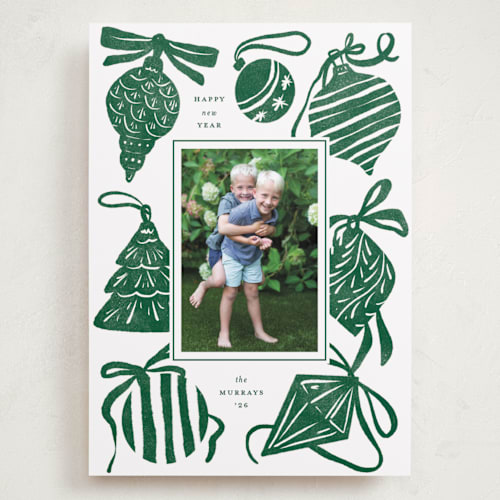 This is a fir holiday photo cards with standard by Corinne Malesic called bauble & bow printing on recycled smooth signature in grand