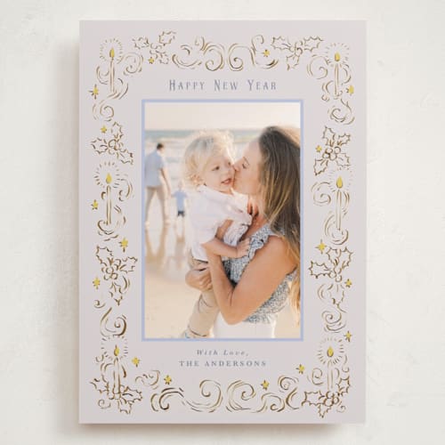 This is a champagne holiday photo cards with standard by Cass Loh called candlelight & holly printing on recycled smooth signature in grand