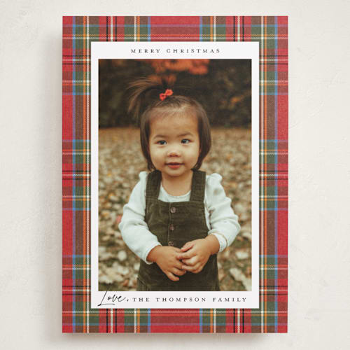 This is a stocking holiday photo cards with standard by Wildfield Paper Co called tartan printing on recycled smooth signature in grand