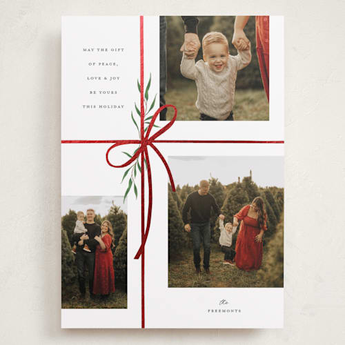 This is a snow foil stamped holiday cards with foil pressed by Susan Zinader called holiday gifts printing on recycled smooth signature in grand