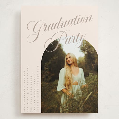 This is a almond graduation invitations with standard by Morgan Kendall called modern curves printing on recycled smooth signature in grand
