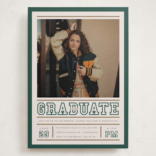 This is a vintage graduation invitations with standard by Erin L. Wilson called varsity frame printing on recycled smooth signature in grand