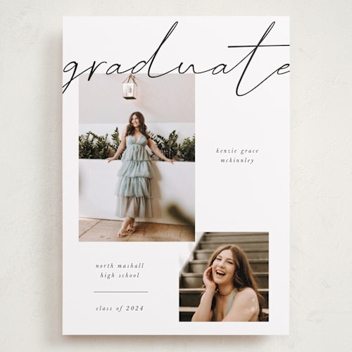 This is a chalkboard graduation announcements with standard by Kelly Ambrose called simple + script printing on recycled smooth signature in grand