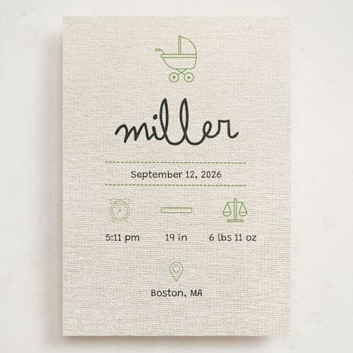 This is a mint grand birth announcements with standard by Ashley Langlais called stitched together printing on signature in grand