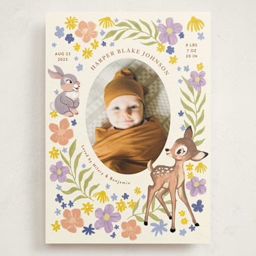 This is a cream grand birth announcements with standard by Cass Loh called disney's magical bambi printing on signature in grand
