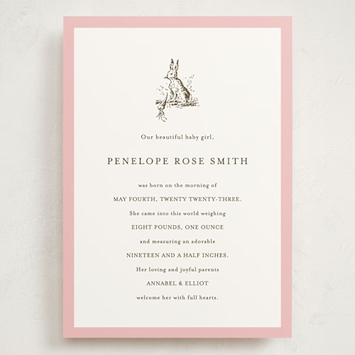 This is a blush grand birth announcements with standard by Megan Davis called classic bunny printing on signature in grand