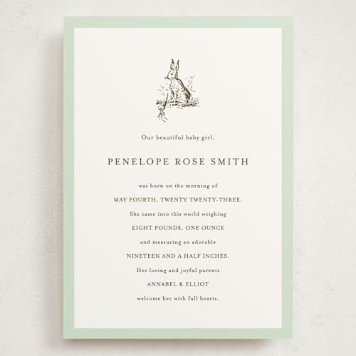 This is a mint grand birth announcements with standard by Megan Davis called classic bunny printing on signature in grand
